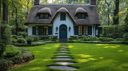 Charming thatched-roof cottage with manicured lawn and stone pathway.
