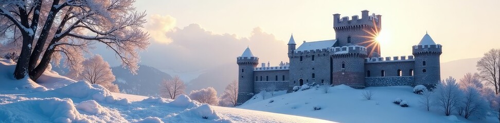 Fototapeta premium Snowy castle walls glisten in pale winter sun, icy, peaceful, winter