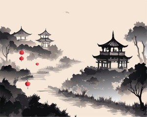 Obraz premium vector chinese temple on the hill