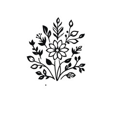 Intricate Floral Bloom Illustration, Elegant Black and White Botanical Design, Decorative Ornamental Art with Symmetrical Petals and Leaves