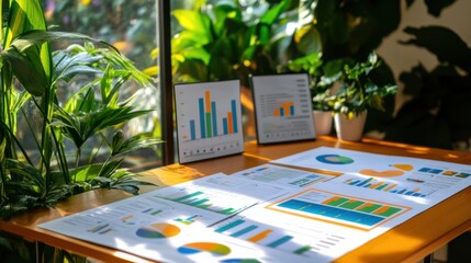 Modern Office Workspace with Colorful Charts and Natural Light