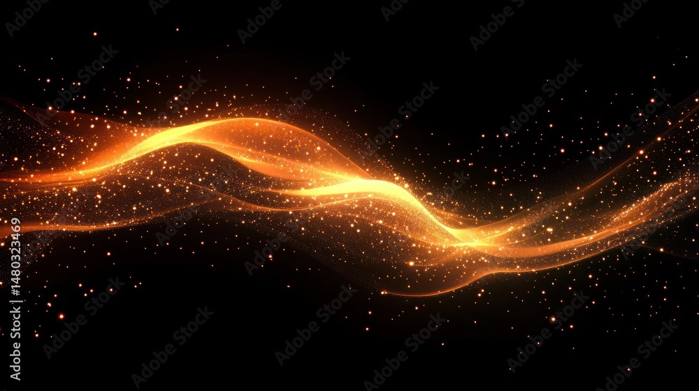 Poster abstract luminous wave with golden shimmering particles on a dark background