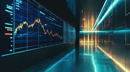 Futuristic Corridor with Stock Market Graphs and Neon Lighting