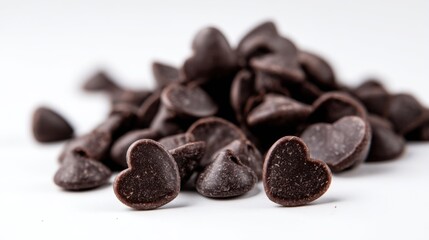 Obraz premium Close-up of Chocolate Chips Pile on White Background Macro Food Photography Delicious Sweet Treat Heart Shape