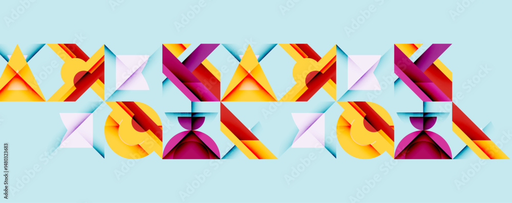 Poster Abstract geometric pattern. Repeating shapes create colorful, modern design. Light blue background enhances visual impact.