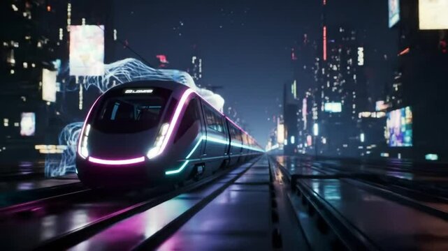 Cyberpunk Neon Maglev Train Speeding into the Night with Glowing Lights and Holograms