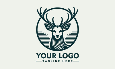 Elegant Line Art Illustration of a Deer Head with Antlers in Profile within a Circular Frame. Animal Illustration Concept