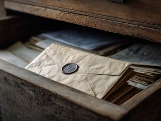 Vintage letter sealed within an antique drawer.