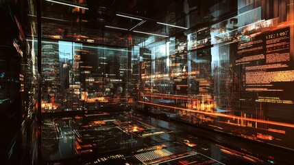 Futuristic Digital Environment with Neon Lights and Data Streams