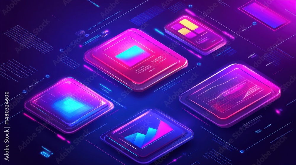 Poster futuristic digital interface with bright neon graphics and data