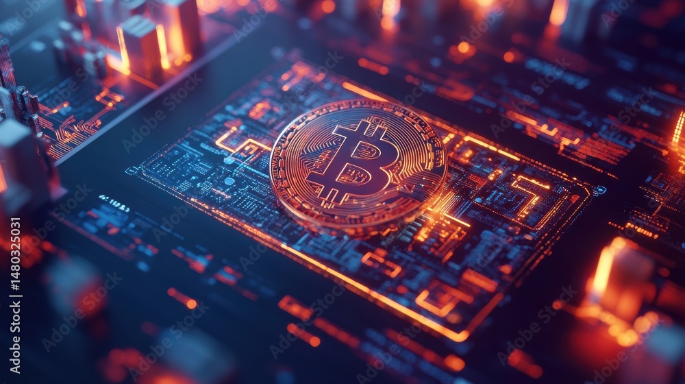 Aufkleber glowing bitcoin on circuit board with digital technology background