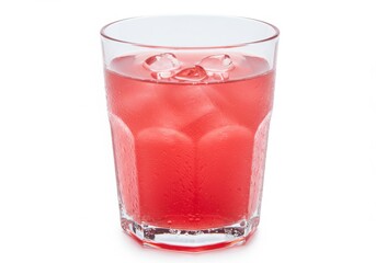 A glass filled with a pink liquid and ice cubes sitting on a white surface