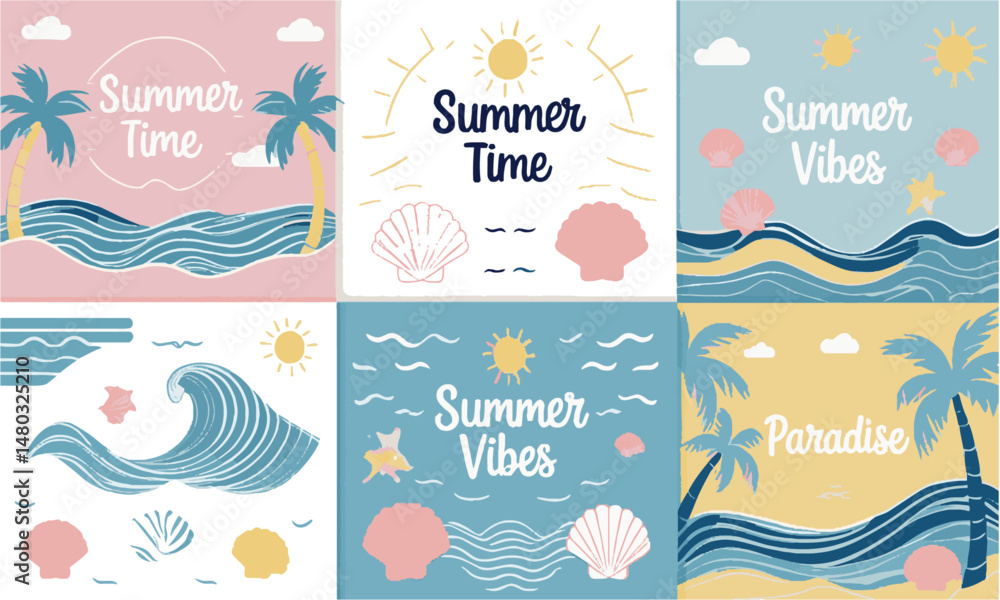 Fototapete Design a set of minimalist summer-themed vector posters, easily scalable and editable.