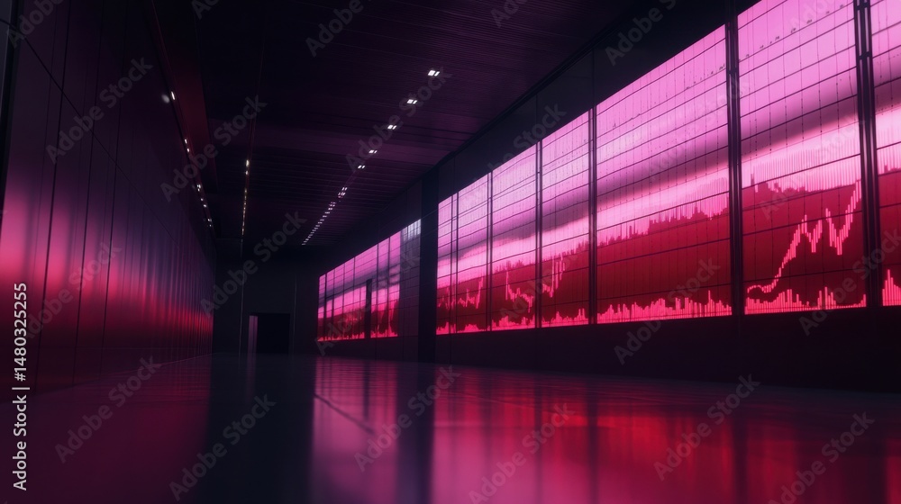 Poster modern data center with pink graphs displayed on large screens