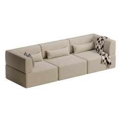 A tan couch with three sections and a blanket on it