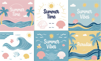 Design a set of minimalist summer-themed vector posters, easily scalable and editable.