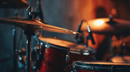 Naklejka premium Close-up capturing the essence of a drum kit with a vintage vibe in a dimly lit music studio setting for a rock band performance