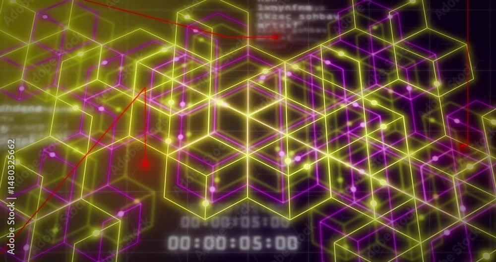 Poster glowing neon wireframe cubes forming dense 3d grid in 3d render while red lines connecting nodes