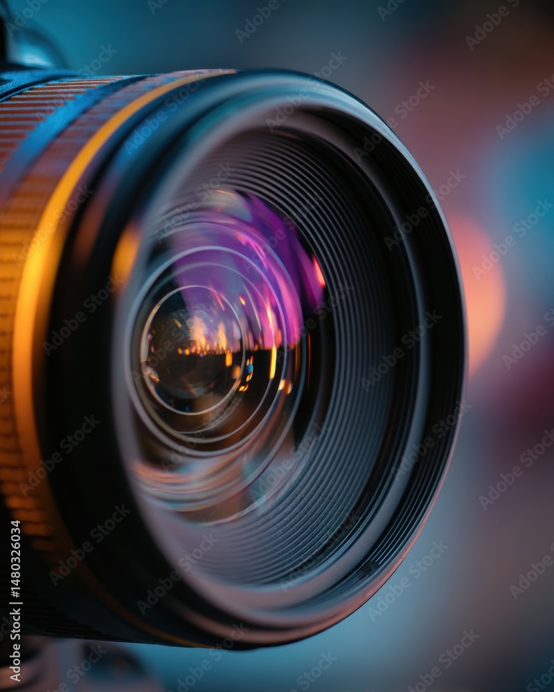 Poster close up view of camera lens showing reflection of city lights at night with shallow depth of field
