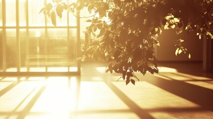 Golden Hour Sunlight Streaming Through Window with Leafy Branches