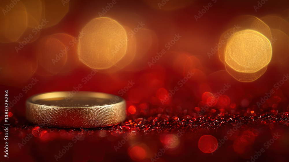 Aufkleber close up of golden coin resting sparkling red surface, creating festive and luxurious atmosphere. bl