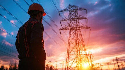 Electrical engineer overseeing power lines maintenance at scenic dusk hour