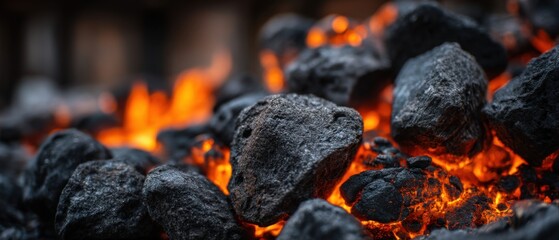Close-up of Hot Burning Coal Embers with Intense Orange Flames in a Dark Environment for Energy Production and Industrial Use