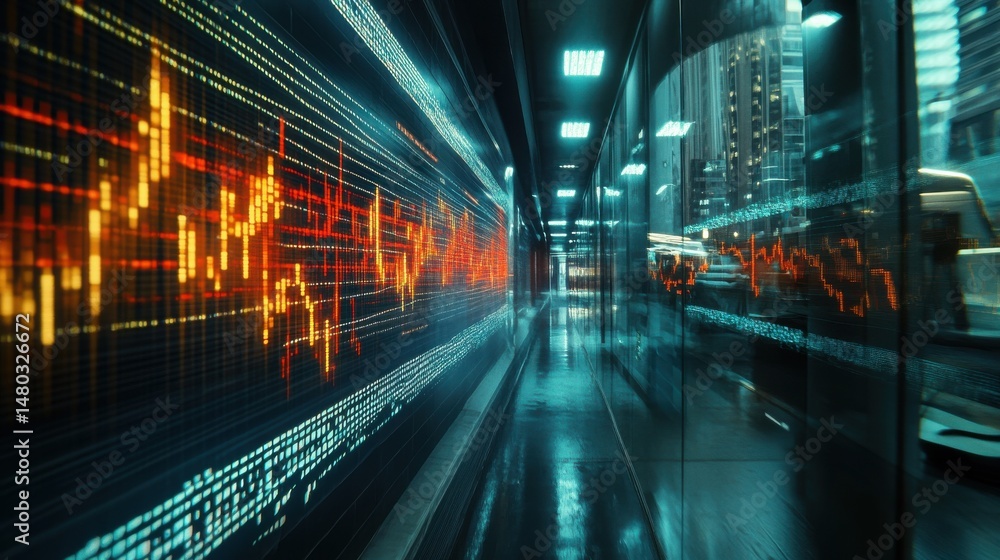 Poster high-tech financial district with data visualizations in motion