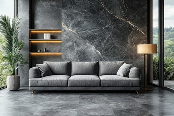 Modern gray living room interior with marble wall.