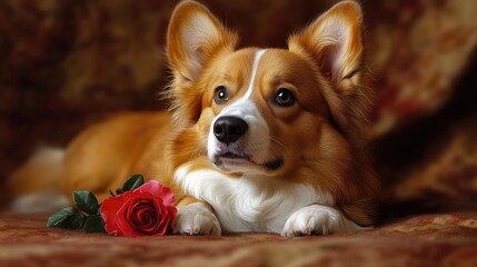Adorable corgi resting with rose on plush fabric