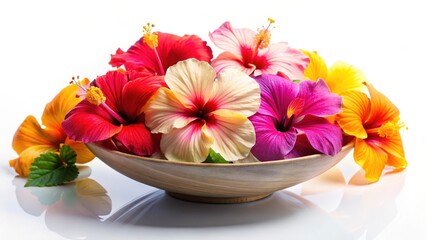 Vibrant hibiscus flowers arranged in a decorative bowl