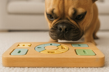 French Bulldog Sniffing Wooden Puzzle Feeder on Cream Boucl&eacute; Rug in Close-Up View