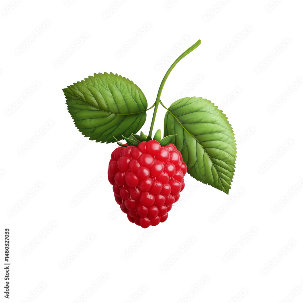 Aufkleber close-up of a juicy red raspberry with green leaves isolated on white
