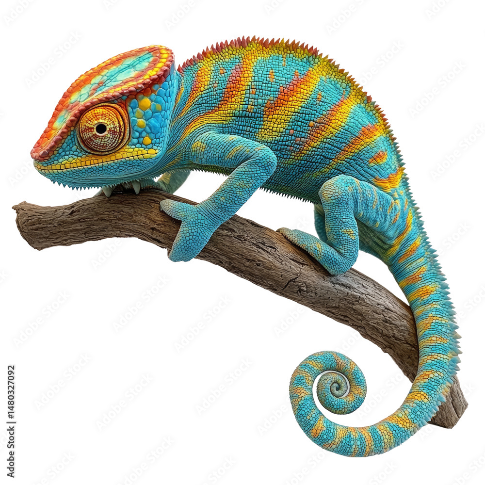 Poster vibrant chameleon on branch with intricate scale detail isolated against white