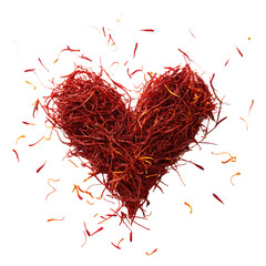 Naklejka premium Saffron Threads Arranged in a Heart Shape on White Background, Symbolizing Love and Warmth