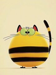 Cute Chubby Bee Cat with Striped Fur and Curly Tail