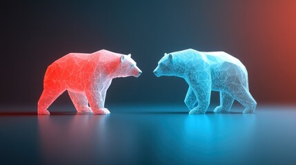 Low Poly Style Bears in Blue and Red Colors on Dark Background