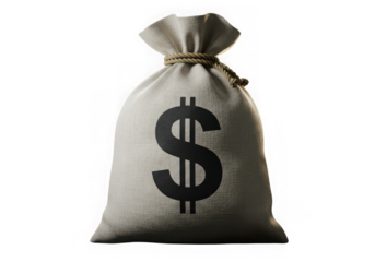 Money bag isolated on transparent background with dollar sign, finance, investment, savings, and wealth use cases.