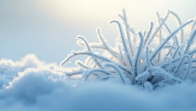 Delicate frost covered plants in a beautiful winter landscape under a bright morning sunlight