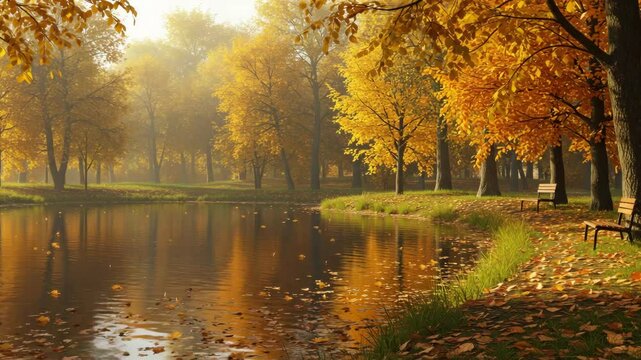 Serene Autumn Park with a Calm Lake | Peaceful Fall Landscape"