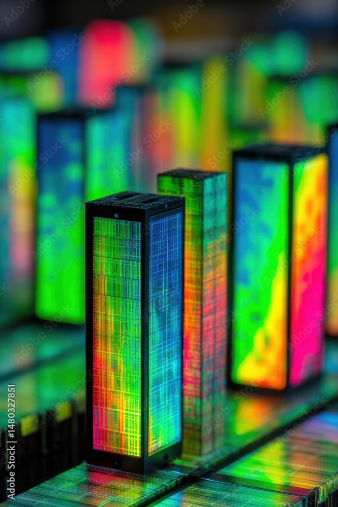 Poster semiconductor wafer dicing close-up: microchip manufacturing with rainbow interference pattern and d