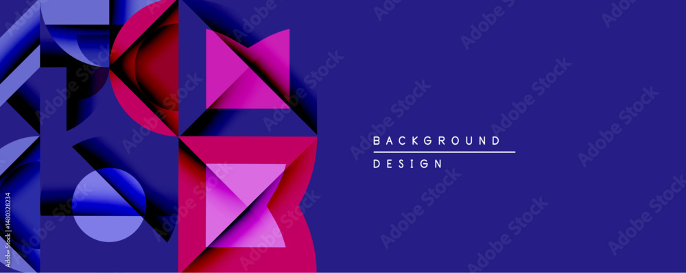 Aufkleber Abstract geometric composition. Overlapping shapes create dynamic visual effect. Vivid purple, blue hues dominate design. Modern, minimalist aesthetic.