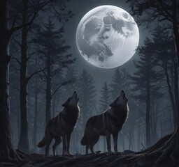 Fototapeta premium Full moon illuminates a wolf's mournful howl echoing through the silent forest , night scene, night, predator