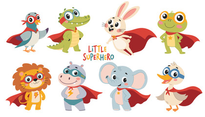 Superhero animals set. Cute cartoon characters. Children's illustration on white background