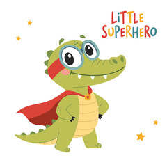 Little super hero. Cute crocodile in superhero costume with cape. Children's illustration on white background
