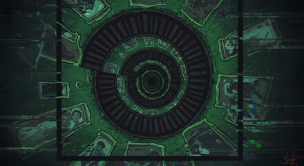 Distorted Spiral Staircase with Portraits in a Glitching Green Reality