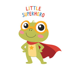 Little super hero. Cute little frog in superhero costume with cape. Children's illustration on white background