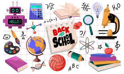 Sticker artwork set, back to school design. Books, paints and brush, light bulb, calculator, robot, magnifying glass, microscope.