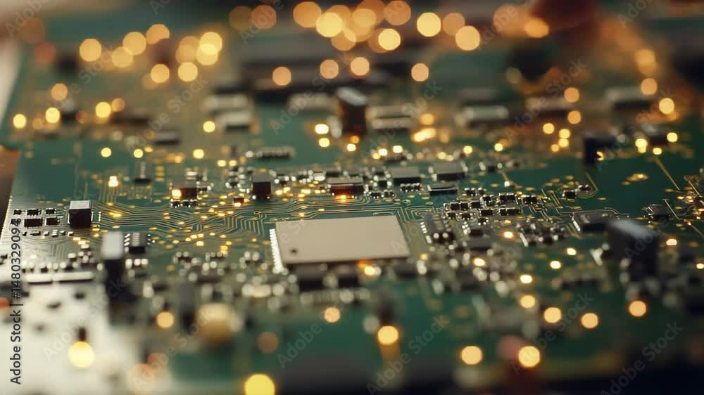Poster close-up of hands working on a glowing electronic circuit board with a delicate tool, highlighting p