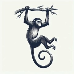 Monkey Hanging from a Branch Woodcut Style